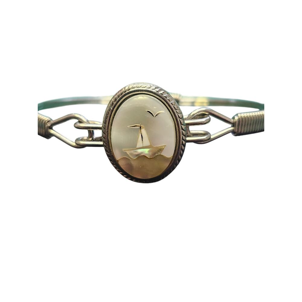 Vintage Silvertone mother of pearl inlay Bracelet with sailboat cuff bracelet